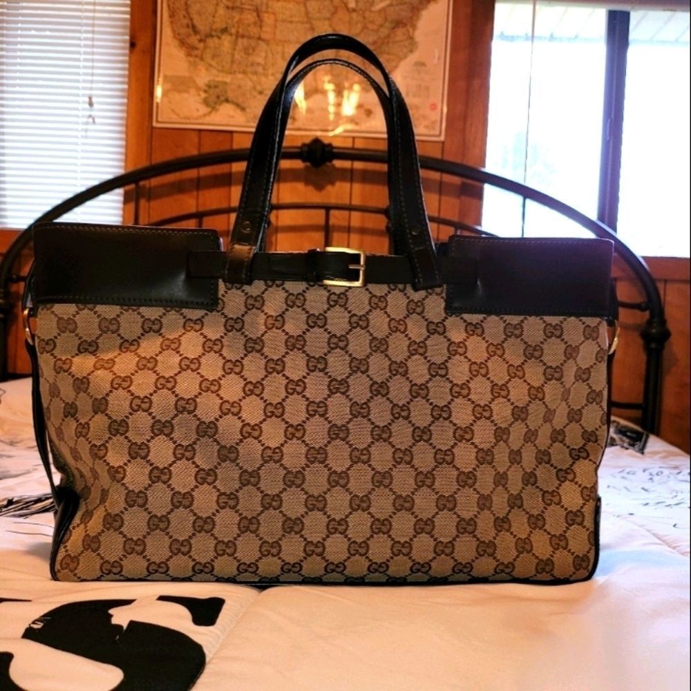 Gucci GG Canvas Large Tote Bag with Leather Trim – Brown
